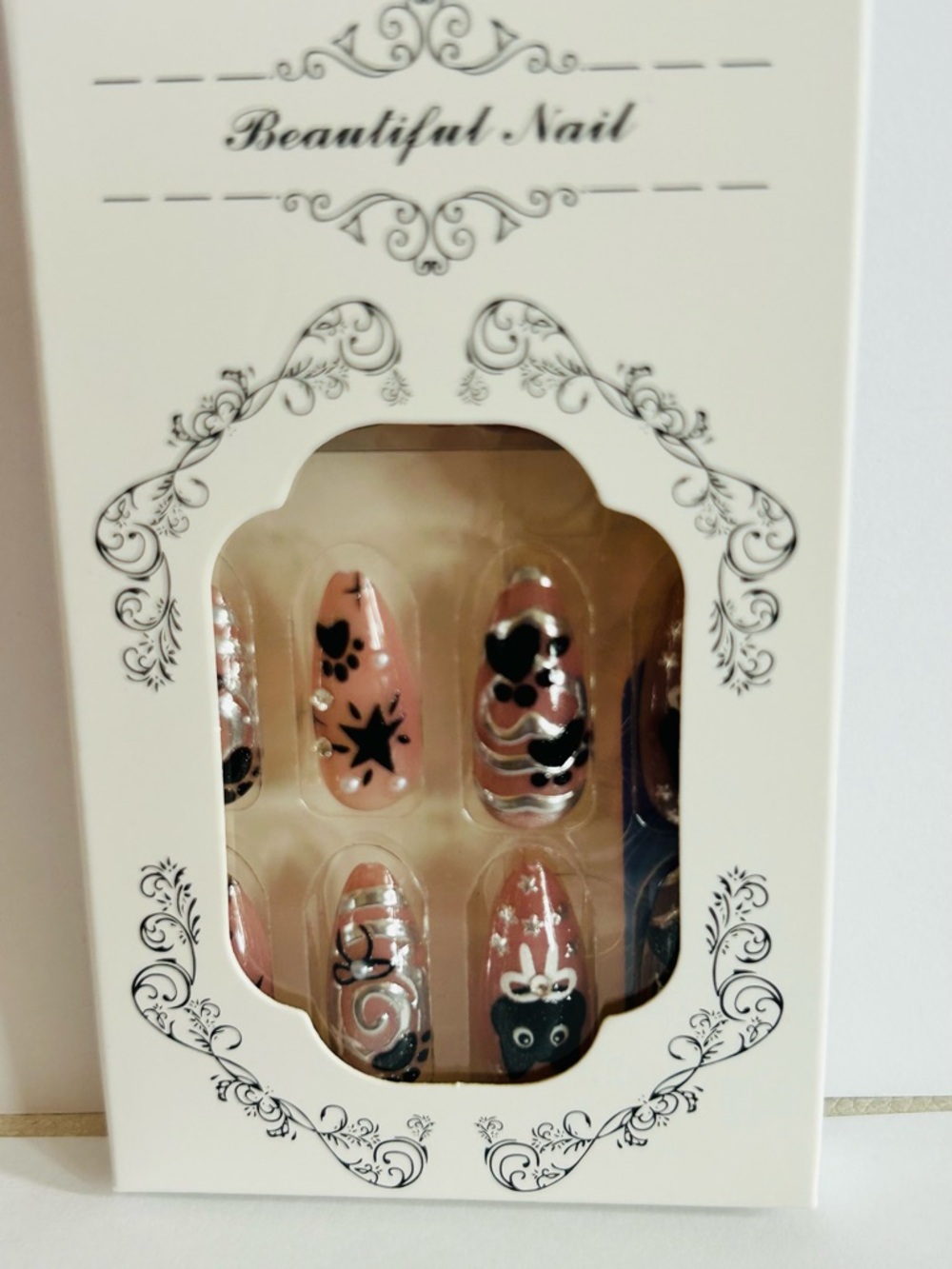 Pink Nail Press-Ons with Black & Silver Accents